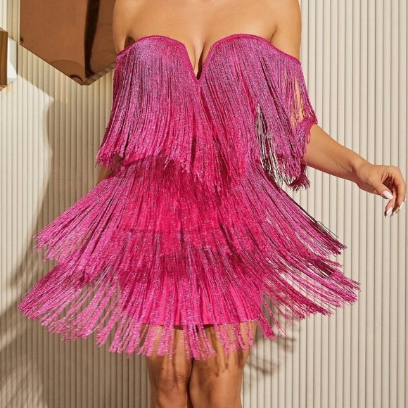 Hot Pink Party Off Shoulder Fringe Trim Dress - Picture 7 of 8